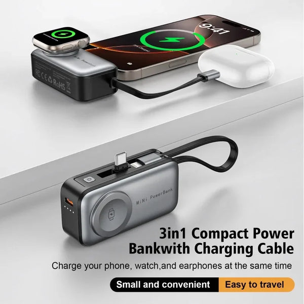 Portability, hand-held three-in-one wireless power bank with cable