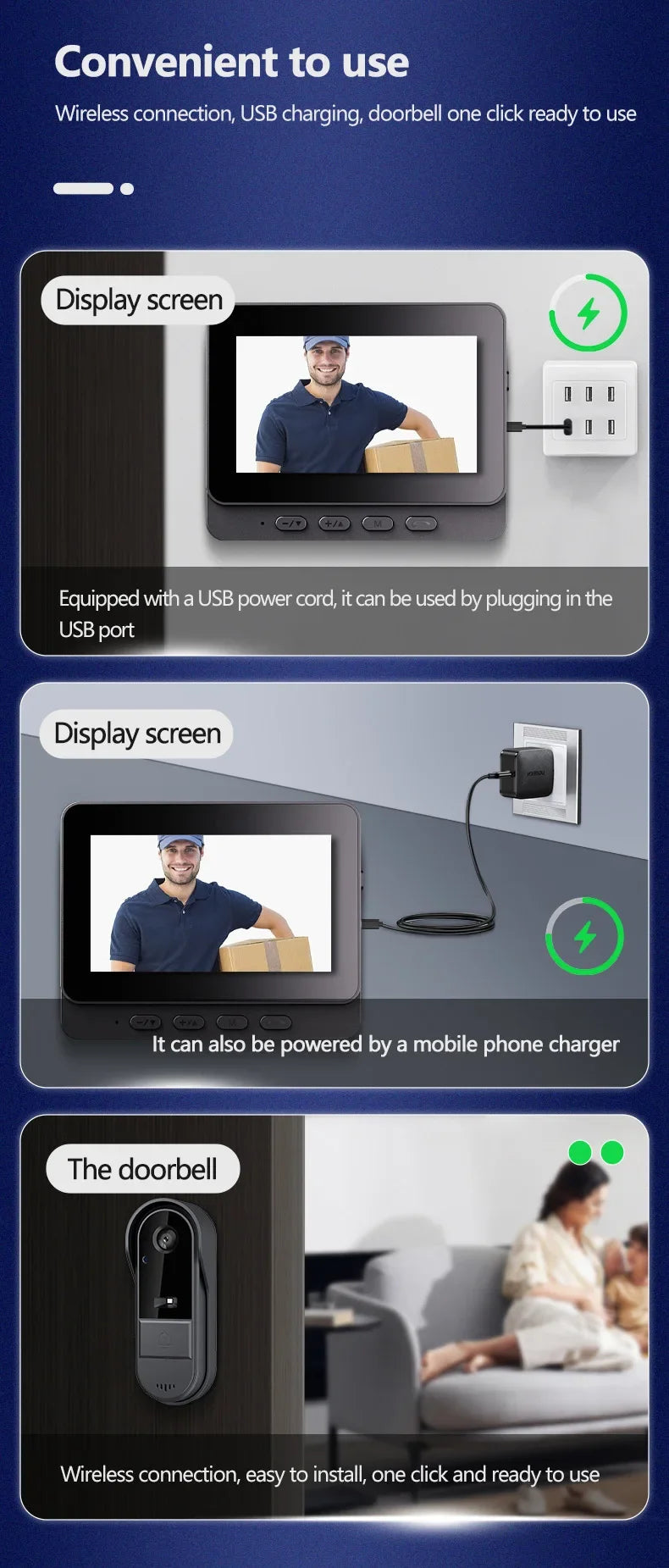 Sonnette vidéo interphone sans fil avec vision nocturne HD